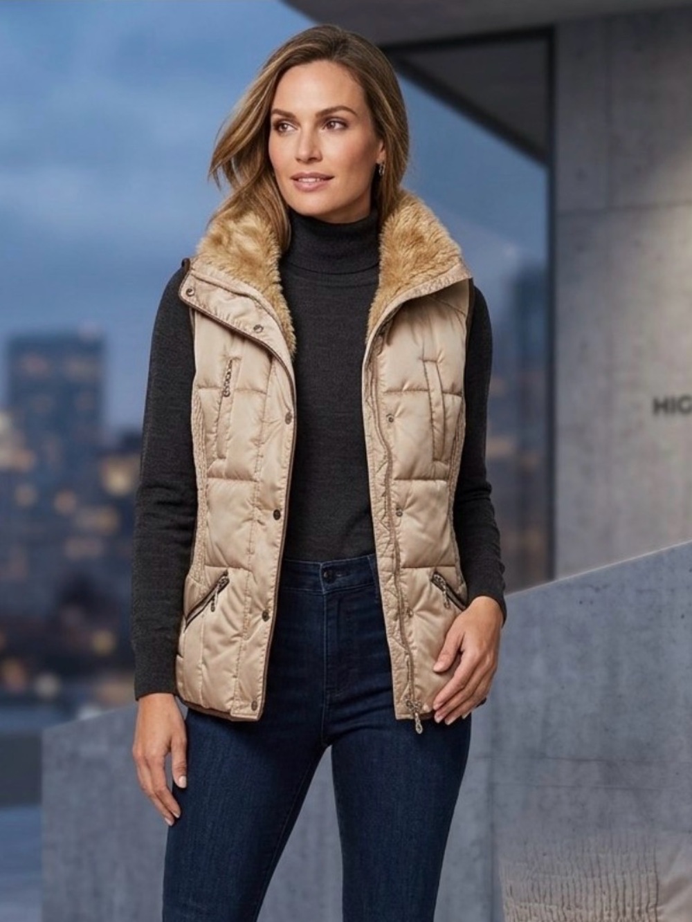 Michael Kors Quilted Tan Puffer Vest with Sherpa Collar